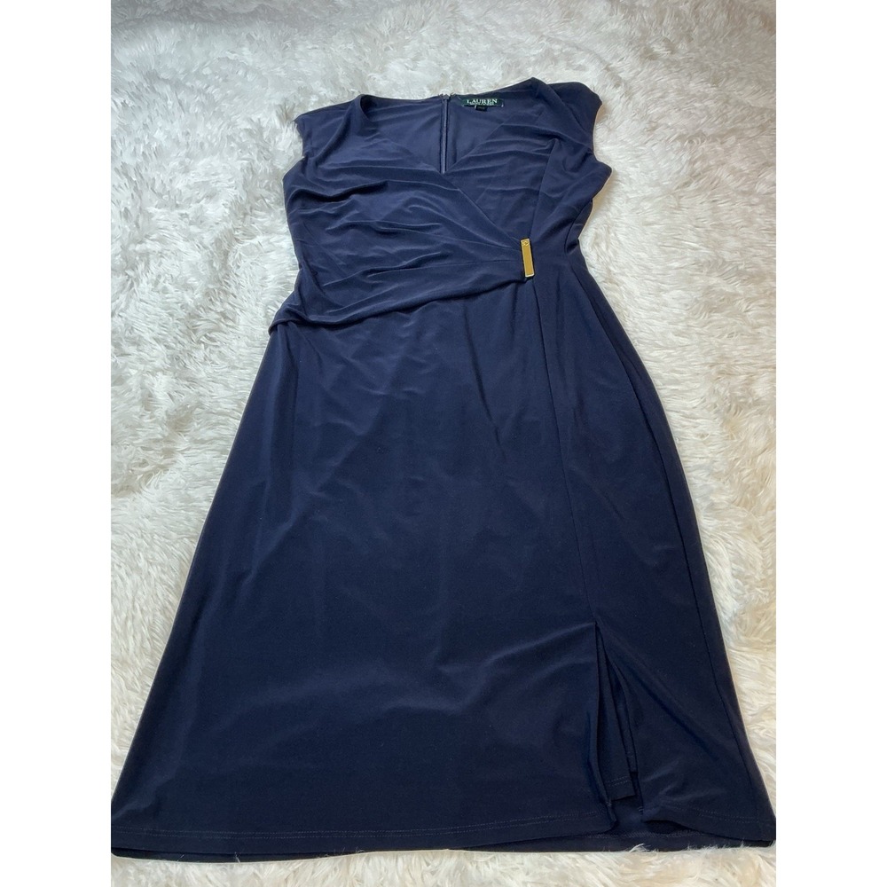 Lauren Ralph Lauren 6p Women's Navy Blue Faux Wrap Knee Length Dress